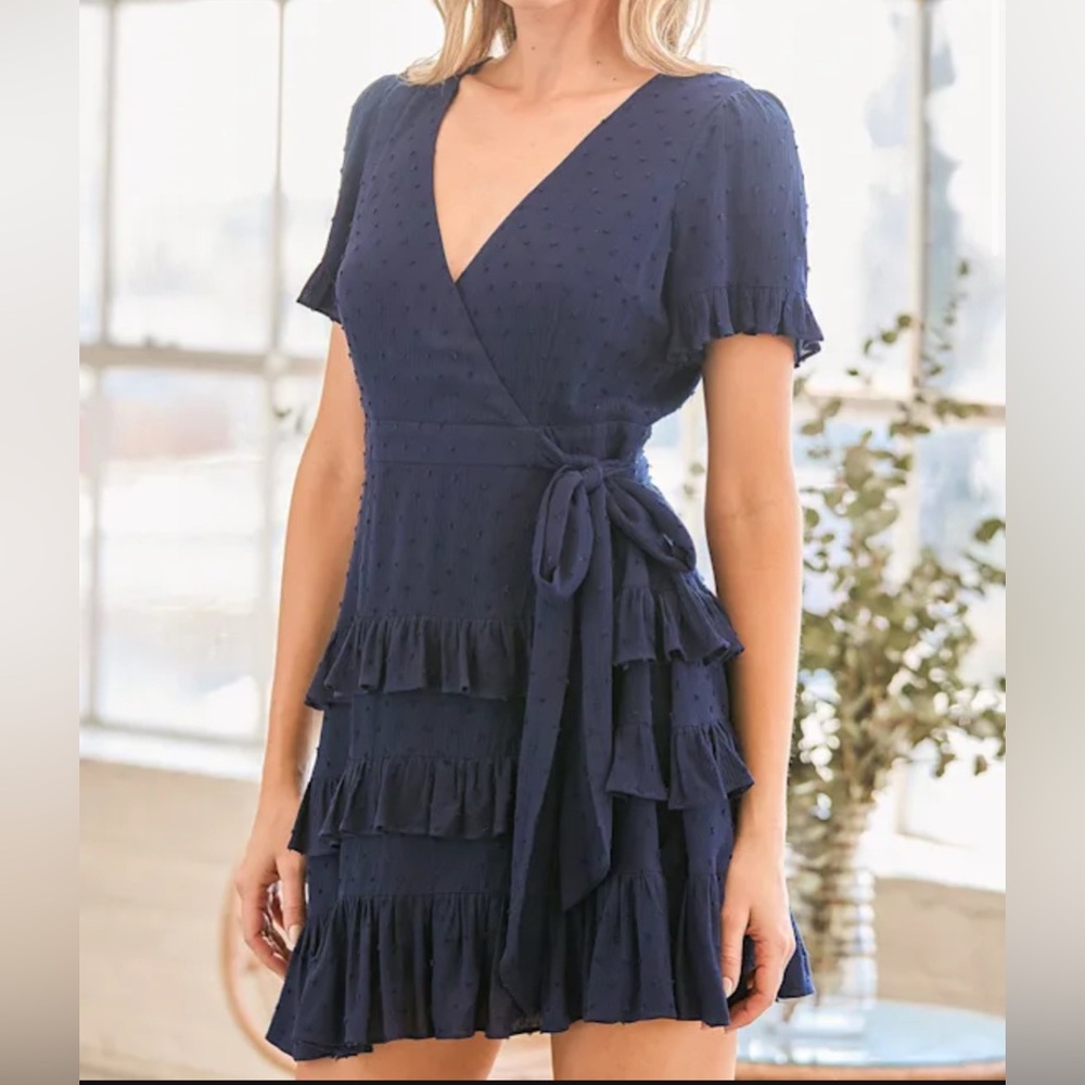 Lulu's Navy Dotted Swiss Ruffle Wrap Dress